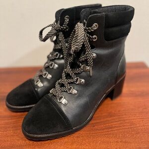 Sam Edelman Black boots Women Size 8.5 Leather Suede 18 Eyelets Block Heel Hooks